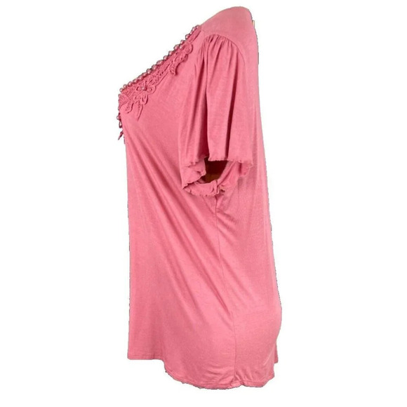 Belah & Cody XL Pink Faux Pearl Weave Applique Floral Neckline Short Sleeve Top - Picture 5 of 6